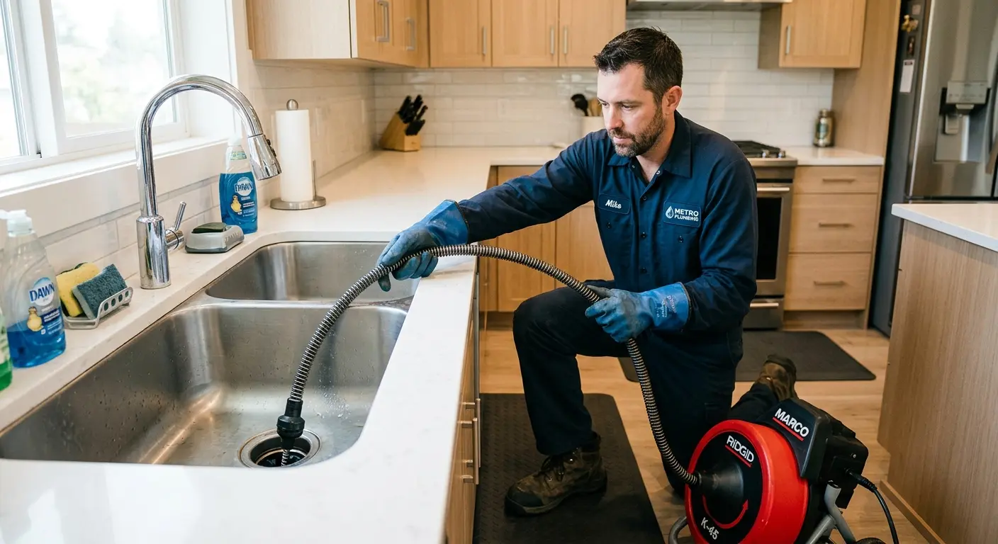 Drain cleaning technician using a motorized snake on a kitchen sink in Belleview
