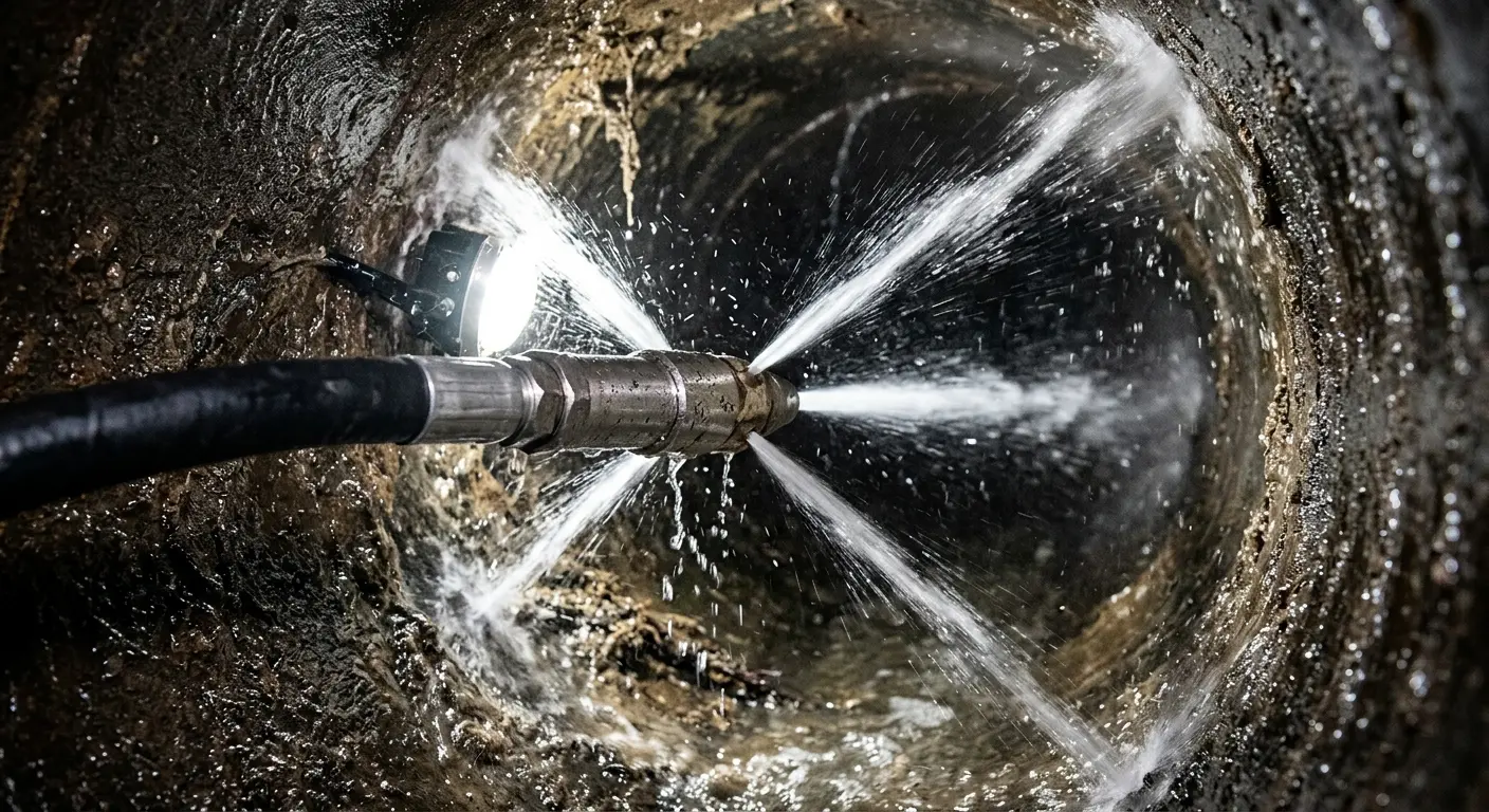 High-pressure hydro jetting nozzle cleaning sewer pipe for Emergency Drain Service in Belleview
