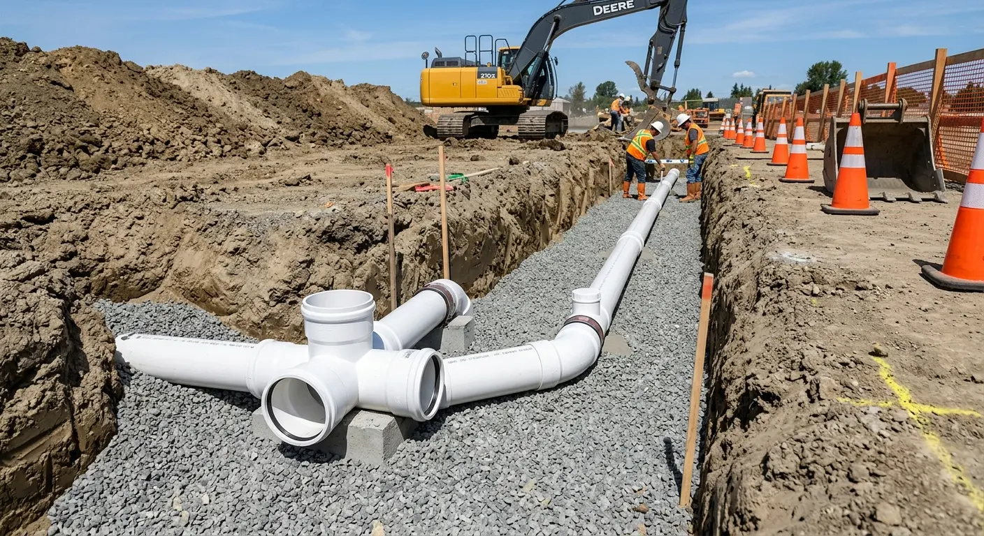 New PVC sewer pipe installation in open trench for Commercial Drain Cleaning in Belleview