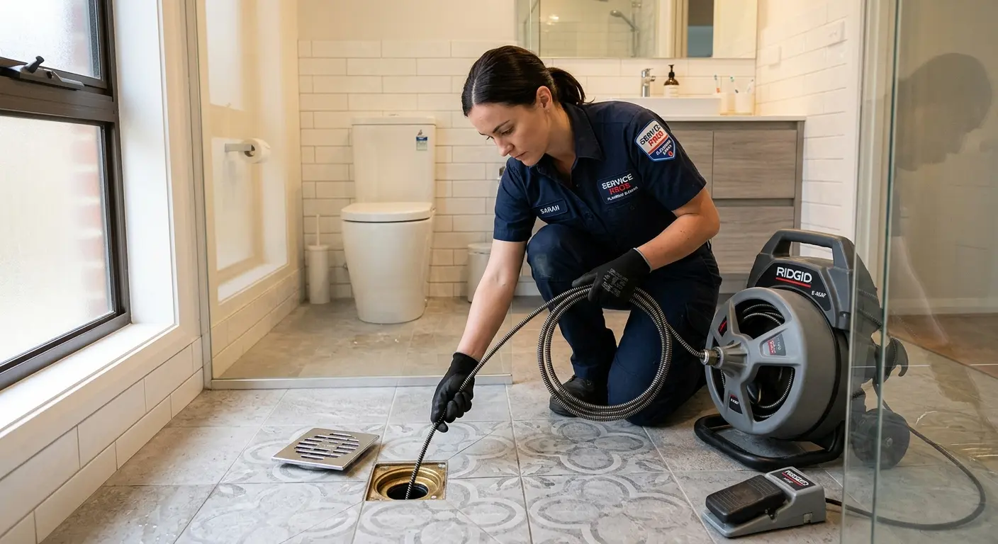 Technician clearing a bathroom floor drain for Drain Cleaning in Belleview